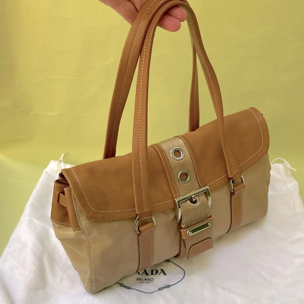 Vintage tan/silver Prada nylon/leather bag with dust bag